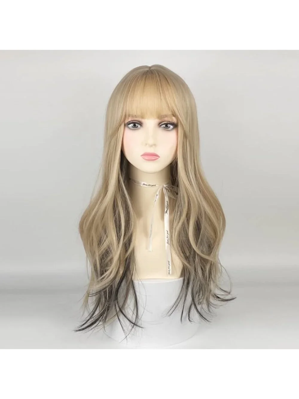 Women's Cream Black Heat Resistant Synthetic Fiber Long Straight Wigs Bangs